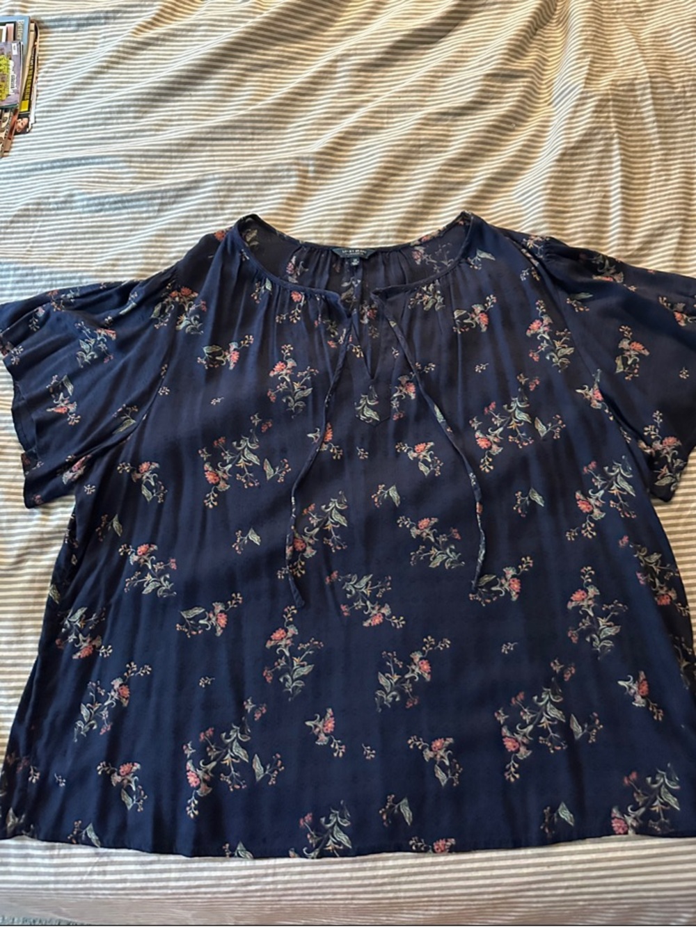 LUCKY BRAND Navy Floral Tie-Neck Women's Top 2X